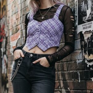 Sugar Thrillz dolls kill clueless kpop Lavender Plaid Buttoned Top xxs